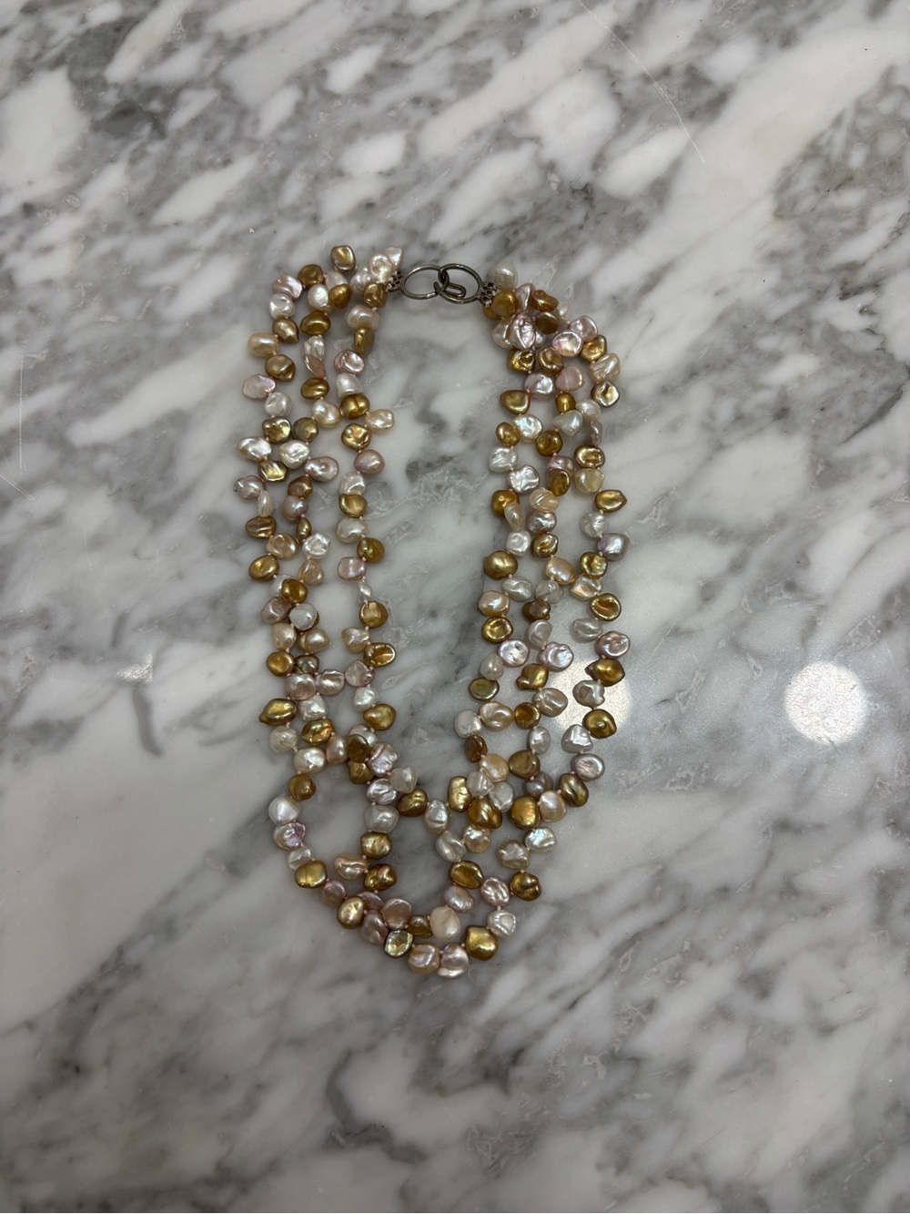 American Vintage Three-Strand Freshwater Pearl Necklace in Gold and White